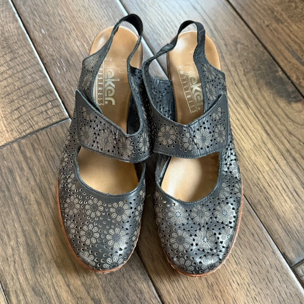 Rieker Antistress Womens Black Floral Laser Cut Leather Slingback Wedge Shoes 38